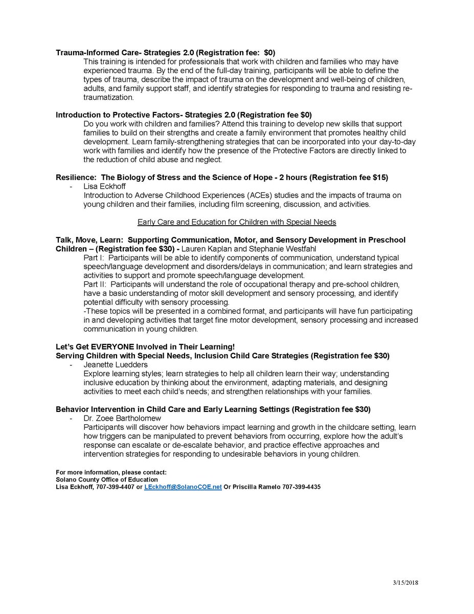 Looking for more great opportunities for early learning professional development @SolanoCOE ?  Check out the menu of choices coming this spring. Thank you <a href="/first5solano/">First 5 Solano</a>, <a href="/ChildrensNet/">Children's Network</a> &amp; @erickaoerickson  for their continued support of the early learning community.