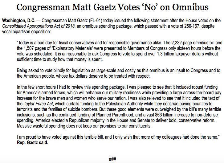 FmrRepMattGaetz's tweet image. I voted 'NO' on the #Omnibus because voting blindly for legislation as large-scale &amp;amp; costly as this bill is an insult to the American people, whose tax dollars deserve to be treated with respect. Today is a bad day for fiscal conservatives and for responsible governance alike.