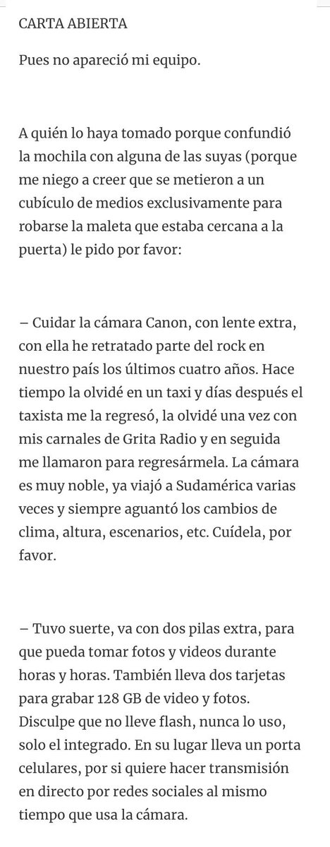 jrisco's tweet photo. La MARAVILLOSA carta de @Chava_Rock después de que le robaron su mochila en el VIVE LATINO es un respiro en estos tiempos violentos.
¡VIVA @Chava_Rock! https://t.co/FA0Vi5gRoy