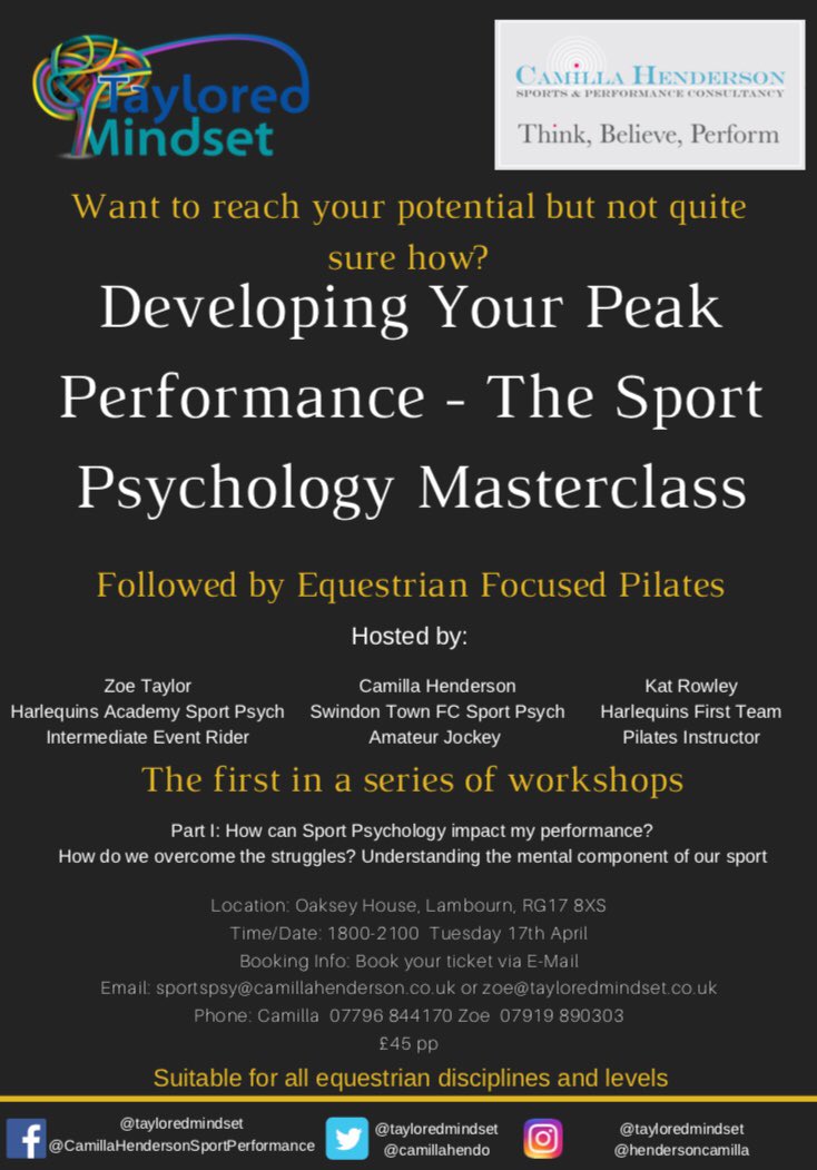 Calling all riders, any level or discipline...Keen to gain more from your performance? Myself and <a href="/camillahendo/">Camilla Henderson</a> are hosting the first in a series of exciting Sport Psychology workshops, starting on the 17th April @OakseyHouse ⤵️