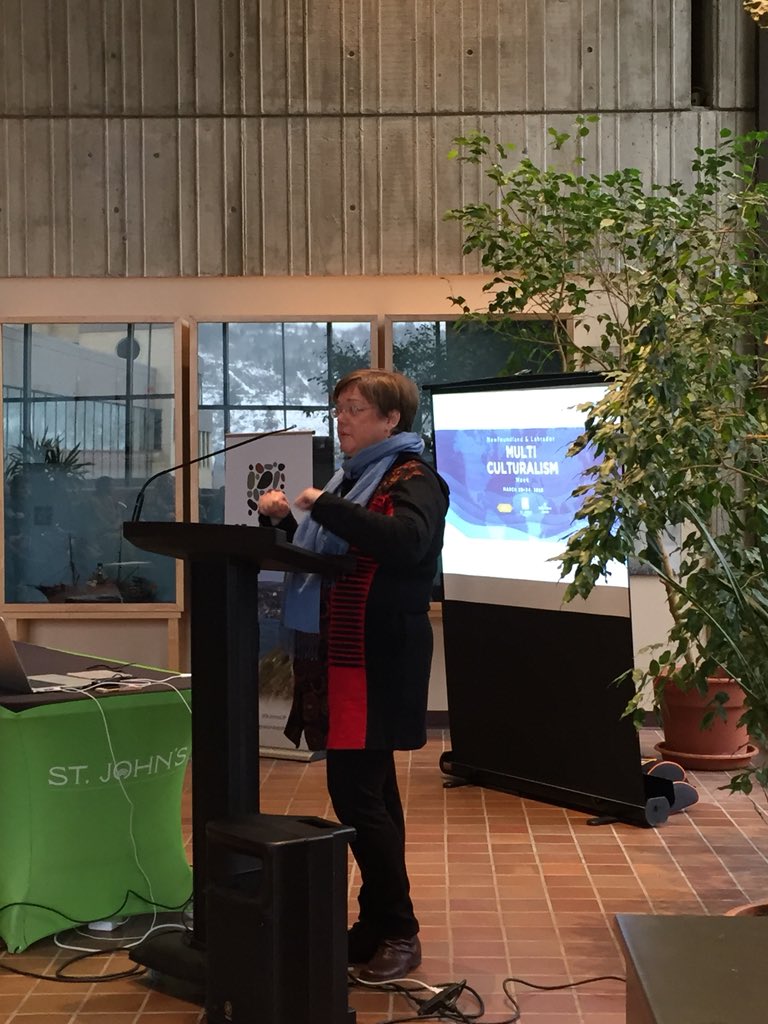 hfnlca's tweet image. Storytellers Antje, Nadia, Marissa, and Zoe from Germany, Bangladesh, Philippines, and Taiwan telling stories at the @CityofStJohns #MulticulturalWeek reception.