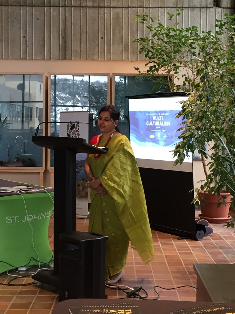 hfnlca's tweet image. Storytellers Antje, Nadia, Marissa, and Zoe from Germany, Bangladesh, Philippines, and Taiwan telling stories at the @CityofStJohns #MulticulturalWeek reception.