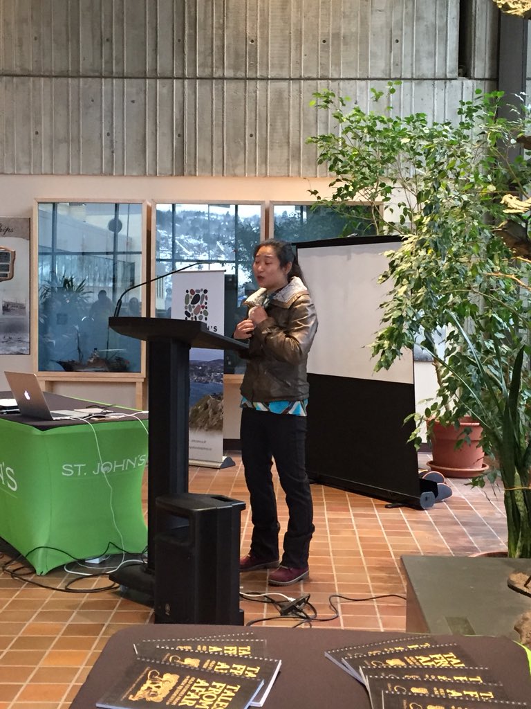 hfnlca's tweet image. Storytellers Antje, Nadia, Marissa, and Zoe from Germany, Bangladesh, Philippines, and Taiwan telling stories at the @CityofStJohns #MulticulturalWeek reception.