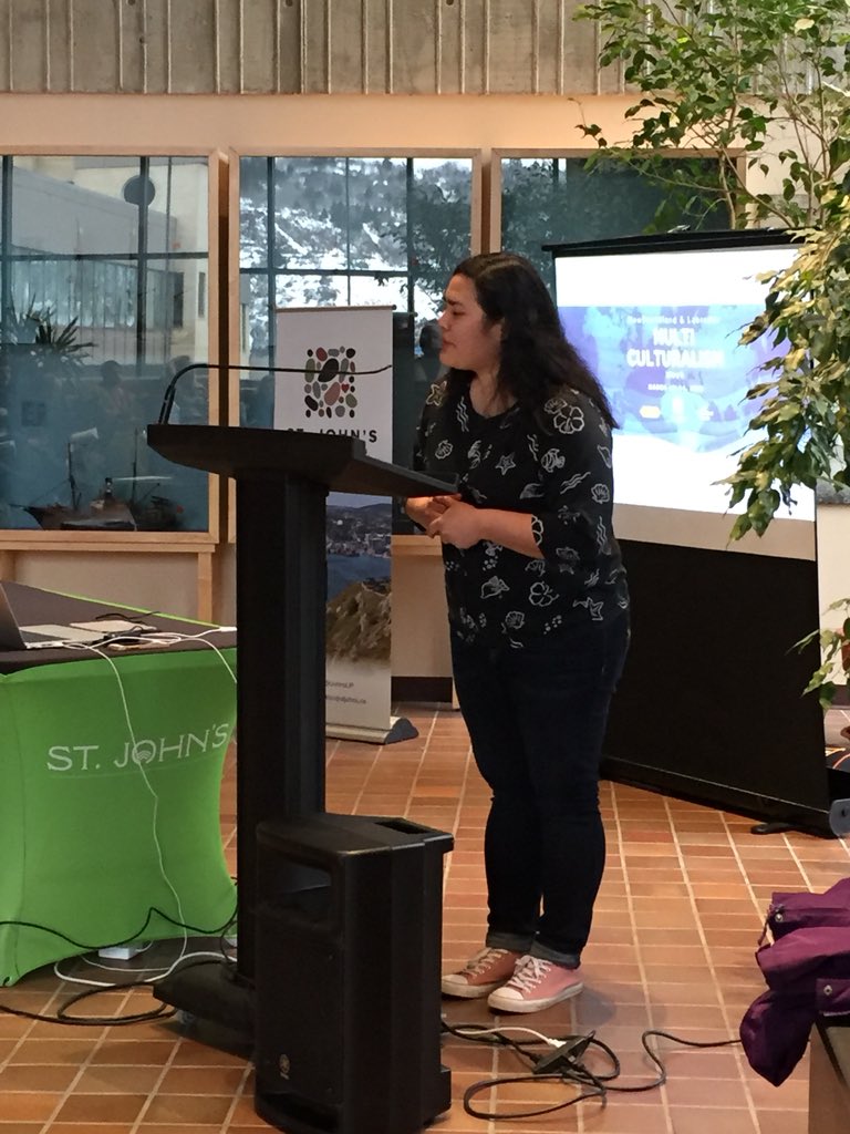 hfnlca's tweet image. Storytellers Antje, Nadia, Marissa, and Zoe from Germany, Bangladesh, Philippines, and Taiwan telling stories at the @CityofStJohns #MulticulturalWeek reception.