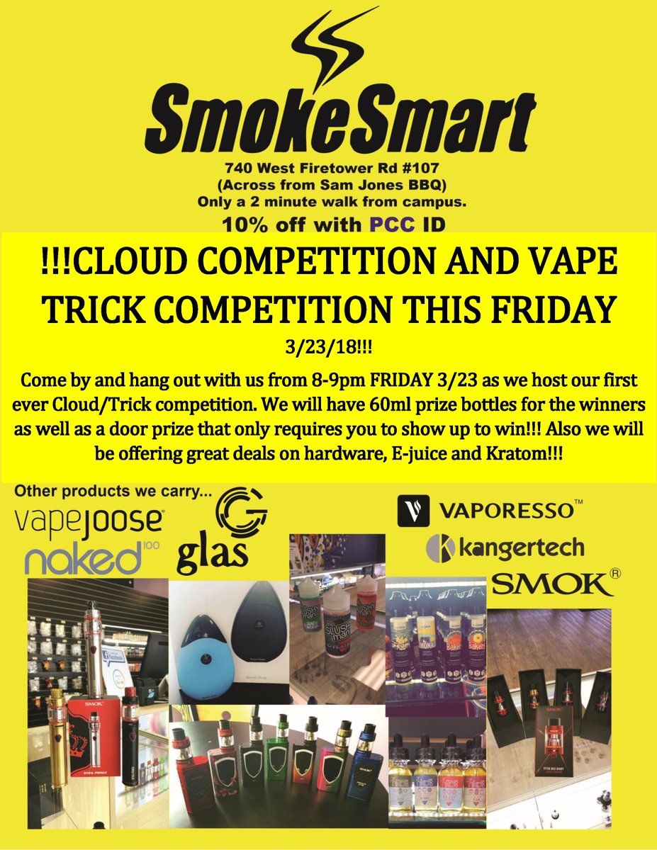 SmokeSmart2's tweet photo. Come on out to @SmokeSmart2 this Friday, March 23 from 8-9pm as we hold our first ever cloud and trick competition! 60ml bottles of the winners choice will be awarded for both the cloud(distance) and trick comp. Also we will have a 30ml Vapejoose giveaway just for showing up! https://t.co/pwQolc8L5G