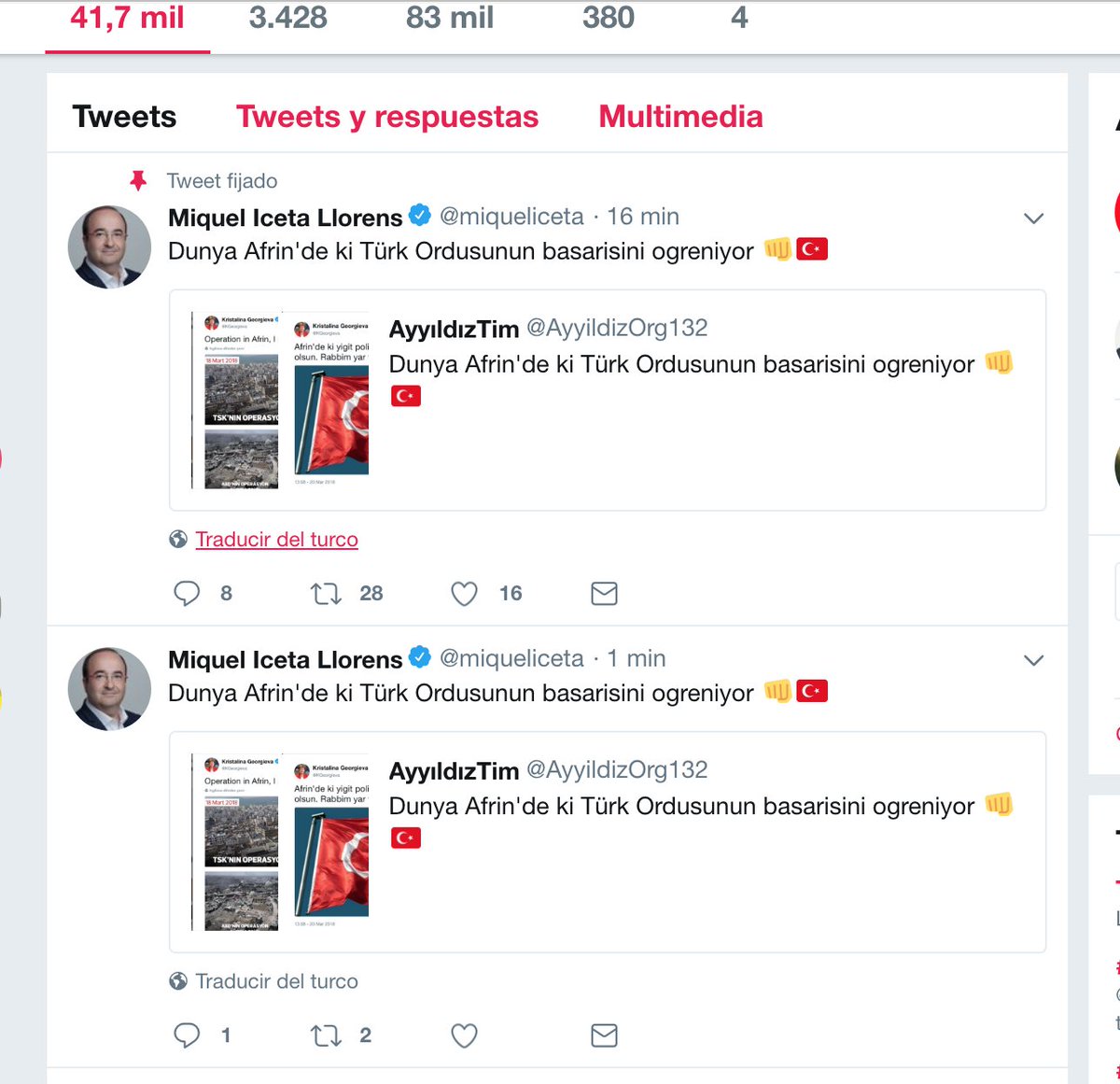 ANONSPAIN2's tweet photo. El grupo de hackers turcos @AyyildizOrg132 ha secuestrado este miércoles la cuenta de Twitter de Miquel Iceta Llorens @miqueliceta, desde donde publican mensajes en apoyo del ejército turco en Siria. https://t.co/NKmbc3SBZt