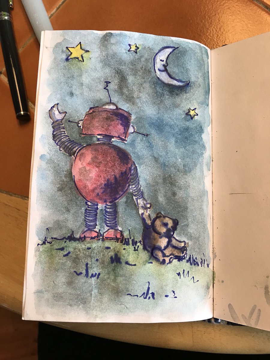 MerseyRiverLad's tweet image. A little bit of quick creative escape at work. #redrobot #robot #littleredrobot #starrynight #moon #sleepingmoon #goodnightbluemoon #teddybear #illustration #artist #watercolour #watercolor #nightsky #fineart #fineartist