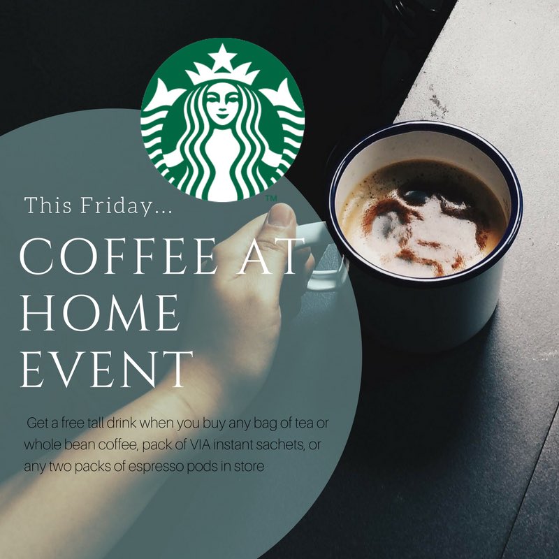 starbucks_kdm's tweet photo. #CoffeeAtHome is back this Friday! Treat yourself to a bag of coffee in store and we’ll treat you to a FREE tall drink! ☕️ https://t.co/r84uaVAems