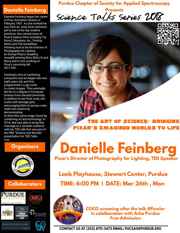 LifeAtPurdue's tweet photo. The Science Talk Series is back with Pixar's Director of Photography and Lighting, Danielle Feinberg! Hear her talk about rising to the top and afterwards watch the latest Pixar movie COCO! Check below for details! https://t.co/VjmoSZ55e4