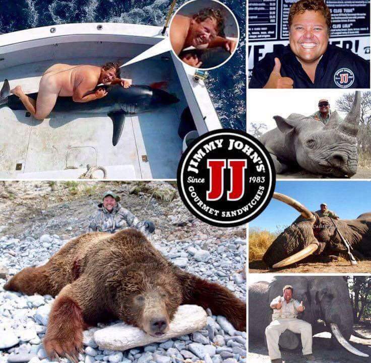 This is the owner of #JimmyJohns, an avid #TrophyHunter. Be an #InformedConsumer. Spend your hard-earned money wisely. Do you really want to enable this?

#Elephant #Rhino #Sharkfin #Bear #EndangeredSpecies #CannedHunting