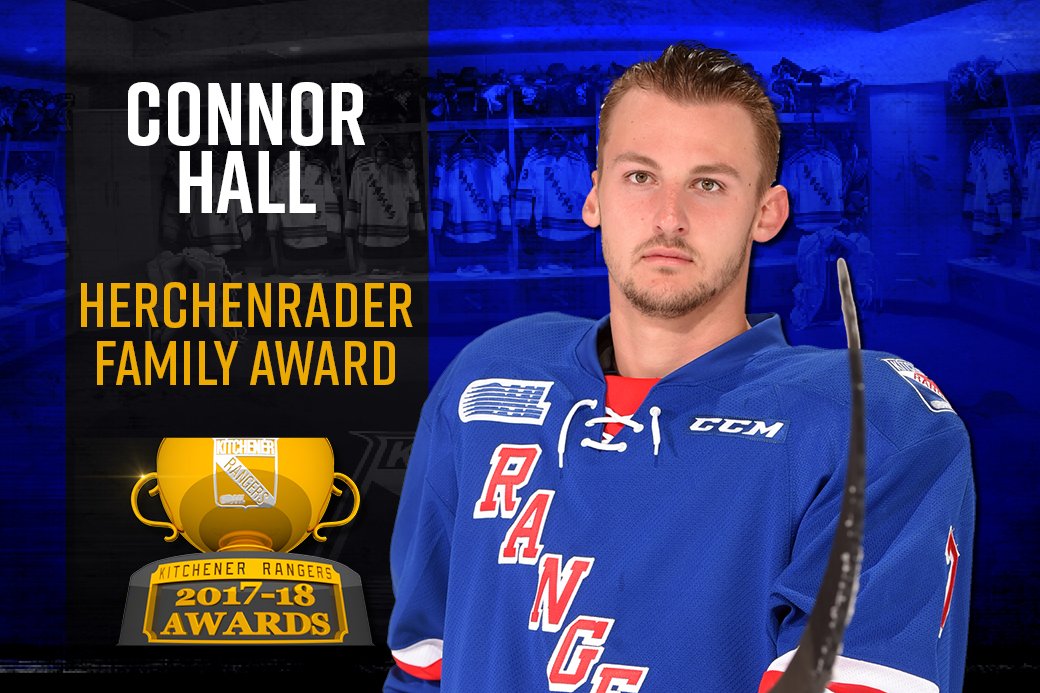 OHLRangers's tweet photo. Congratulations, Connor Hall [@Connorhall_]!

🏆 Herchenrader Family Award - Best Defensive Ability 🏆

#RaiseTheShield https://t.co/CsyPbbVZTS