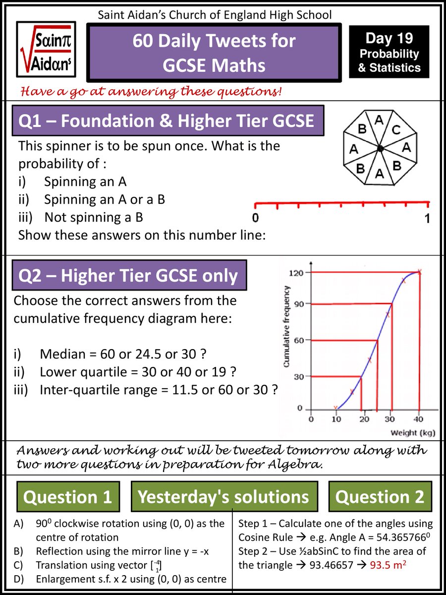 SaintAidansMath's tweet photo. No. 19 of 60 daily tweets designed to help Yr 11 prepare for their Maths GCSE this Summer - Today it's "Probability and Statistics" - Answers and more questions tomorrow! https://t.co/e0DMCVaGRJ