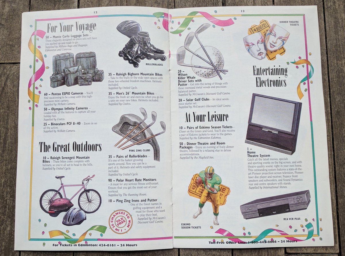 FHLottery's tweet photo. To celebrate #25YearsofFullHouseLottery, we're sharing blasts from #FHLottery's past starting with 1995! Check out what our brochure &amp; some prizes looked like back in '95. VCRs were very popular! #yeghistory #yeg #Winiversary (See this year's prize pool: https://t.co/O50CxGGHkR) https://t.co/owaOpYgwA9