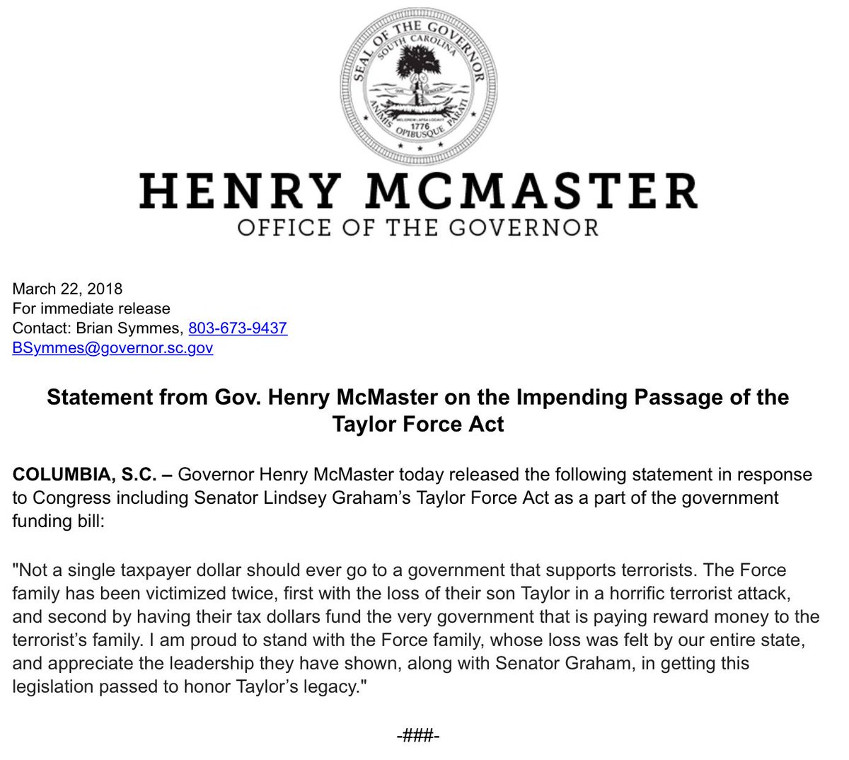 South Carolina Governor @henrymcmaster comes out in support of the #TaylorForceAct.