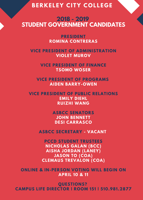 PeraltaColleges's tweet photo. The following Berkeley City College students will be campaigning in the 2018-2019 elections for Associated Students of Berkeley City College positions and for a Peralta Community College District (PCCD) Student Trustee seat. More info on VOTING: https://t.co/D2sq6HBtct https://t.co/RQmwIogo1z