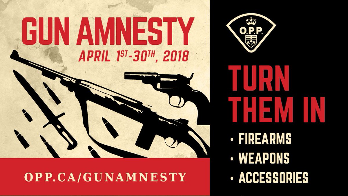 OPP_News's tweet image. #OPP #GunAmnesty open to any Ontario resident who wants to voluntarily surrender unwanted or illegally-owned firearms, weapons and ammunition. Starts April 1st. By appt only: opp.ca/gunamnesty #GunSafety