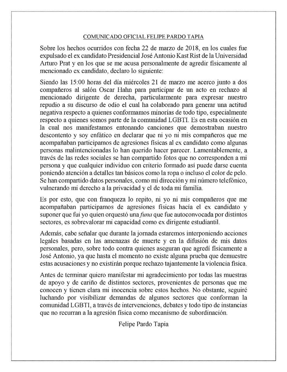 efeRoman's tweet photo. Sobre los hechos ocurridos ayer por los cuales se me acusa de agredir físicamente a #Kast 

@HombredeRadio @ElBoyaldia @laestrellaiqq @Confech @Infestudiantes @Chileokulto https://t.co/cZxXQAMelC