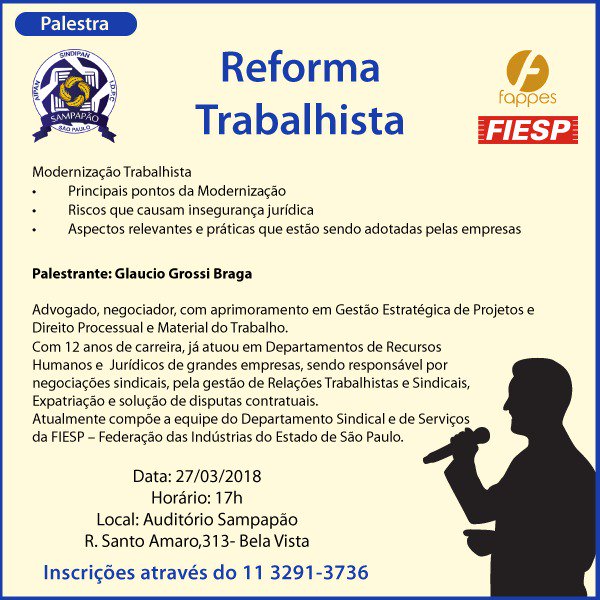 sampapao's tweet image. Palestra sobre Reforma Trabalhista, você não pode ficar de foras desta. Participe! Faça já sua inscrição através do Fone: 3291-3736 

#reformatrabalhista #panificadora #padarias #confeitaria  
#empreendedorismo #empreendedor #sucesso #profissional #carreira #sampapão