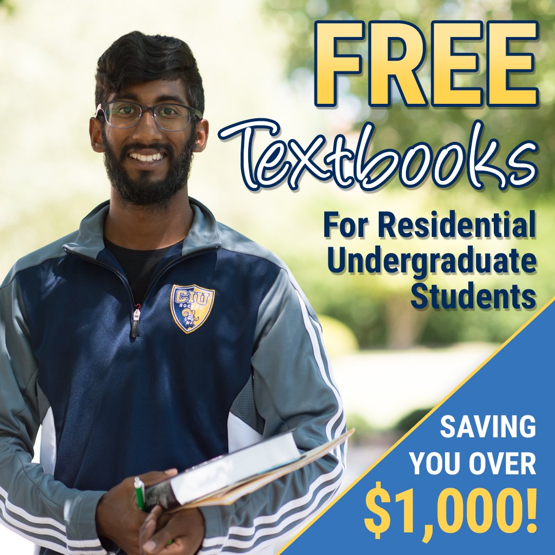 DiscoverCIU's tweet image. CIU is now providing free textbooks to all Residential Undergraduate Students, starting Fall 2018. Deposit now to secure your spot and save over $1,000! 📚#discoverCIU #CIUbound