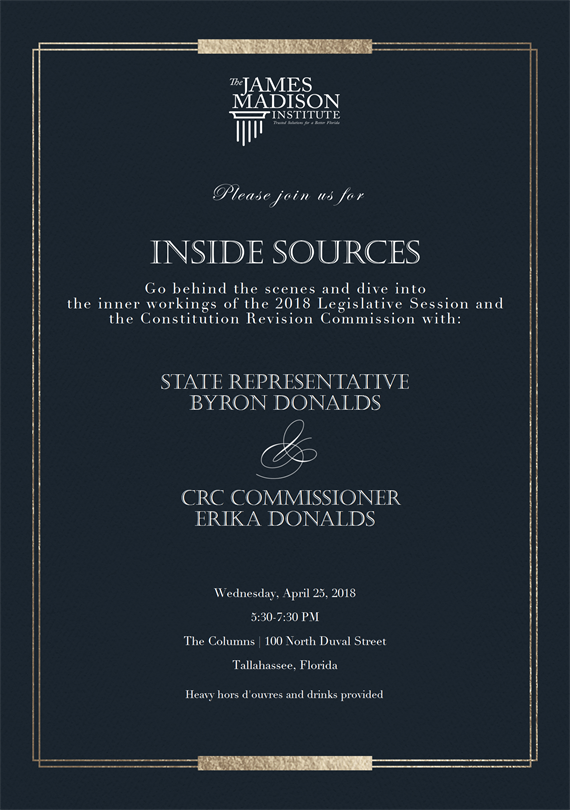 JmsMadisonInst's tweet photo. You're invited! With the closing of the #2018LegislativeSession, we invite you to join us at the Columns, April 25 for an evening with Representative Byron Donalds and Constitution Revision Commissioner Erika Donalds. Join us by registering here: https://t.co/QlQwIwVB5u #sayfie https://t.co/xgBi2jd811