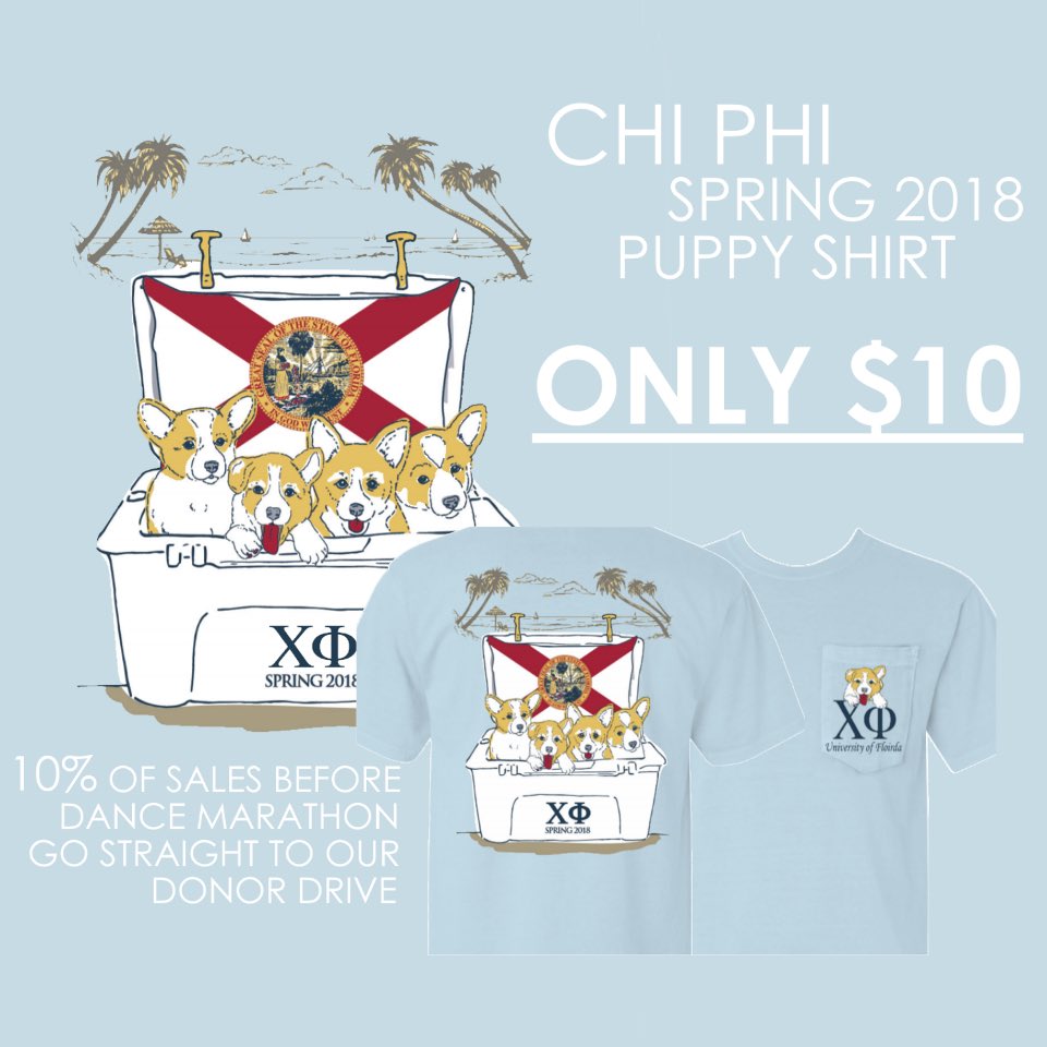 ufchiphi's tweet photo. Want to support the kids AND get an awesome shirt?! Our latest Chi Phi puppy shirts are now for sale and 10% of proceeds through this weekend go back to Dance Marathon! 
Link: https://t.co/RHFNmTAXNj. Orders close Wednesday at midnight 🐶🎈 https://t.co/hu2NXJwkMw