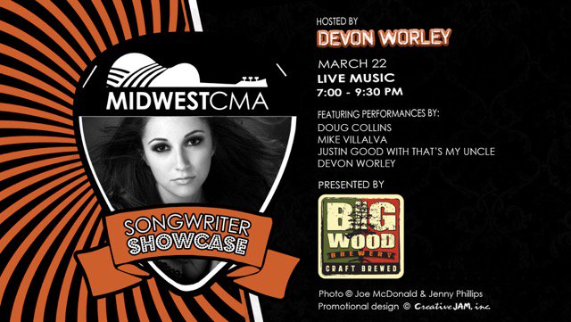 Big Wood Brewery (@bigwoodbrewery) on Twitter photo Join us tonight for the <a href="/MidwestCMA/">CMA_Midwest</a> Songwriter Showcase, hosted by Devon Worley, with performances by Doug Collins, Mike Villalva, Justin Good w/ That’s My Uncle, and Devon Worley. FREE show, 7 PM. #livemusic #storytellers Join us tonight for the <a href="/MidwestCMA/">CMA_Midwest</a> Songwriter Showcase, hosted by Devon Worley, with performances by Doug Collins, Mike Villalva, Justin Good w/ That’s My Uncle, and Devon Worley. FREE show, 7 PM. #livemusic #storytellers