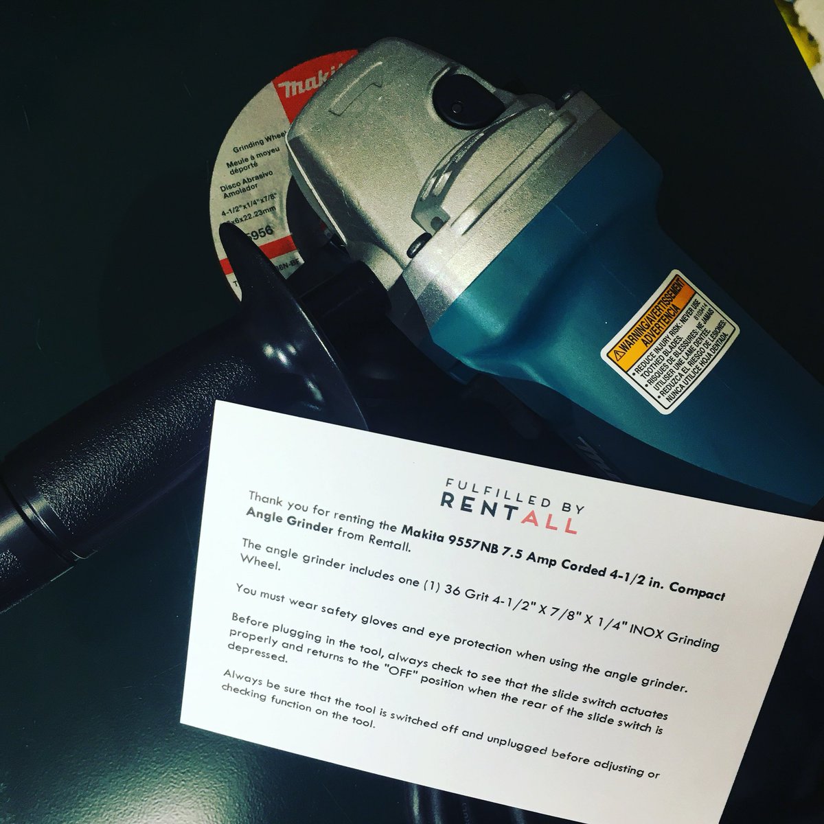 Need extra grit? 💪🏽 This 4.5" Compact Angle Grinder comes with a 36 grit grinding wheel to make quick work of high speed steel, alloy steel, wrought iron, bronze and more at a whopping 11,000 RPM. #rentallthings #fulfilledbyrentall #toolrental #toolrentals #powertools #makita