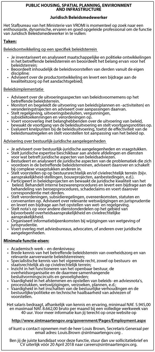 Binnen het stafbureau van de Secretaris-Generaal van het Ministerie van VROMI is een vacature voor Juridisch Beleidsmedewerker. Reageren kan tot 20 april aanstaande.