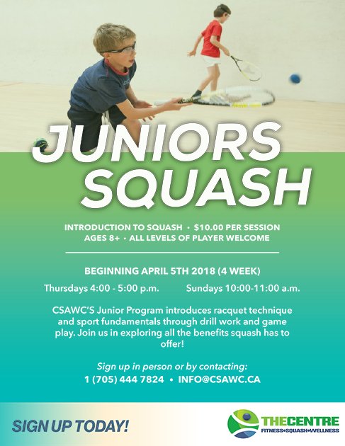 CSAWC2017's tweet image. Get kids moving this April with The Centre's Junior Squash program.  Starts April 5th. Runs for 4 weeks. Thursday and Sunday options offered. $10 per class. Kids will sleep so soundly after a great workout!!