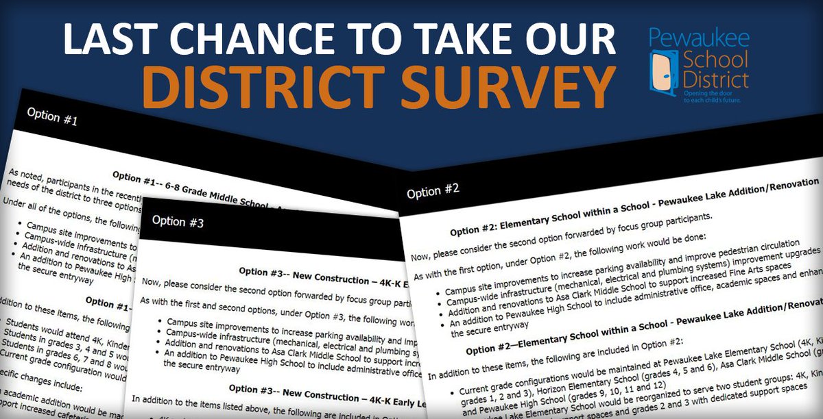 PewaukeeES's tweet photo. Only one more day to take our @PewaukeeSD facility master planning survey. We've had a tremendous response, but need as much feedback as possible to help shape the future of our schools! Take the anonymous survey now: https://t.co/urznP4fjeU https://t.co/2prhyWvjbq