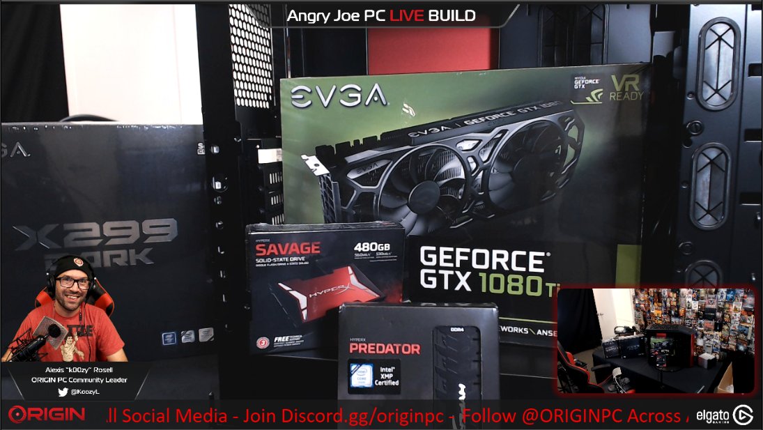 ORIGINPC's tweet image. LIVE NOW on twitch.tv/ORIGINPC for the @AngryJoeShow #ORIGINPCLIVEBUILD

Tune in now and watch us build 2 @NVIDIAGeForce powered ORIGIN PC's with hardware from @TEAMEVGA &amp;amp; @HyperX!

#ORIGINPCFAMILY