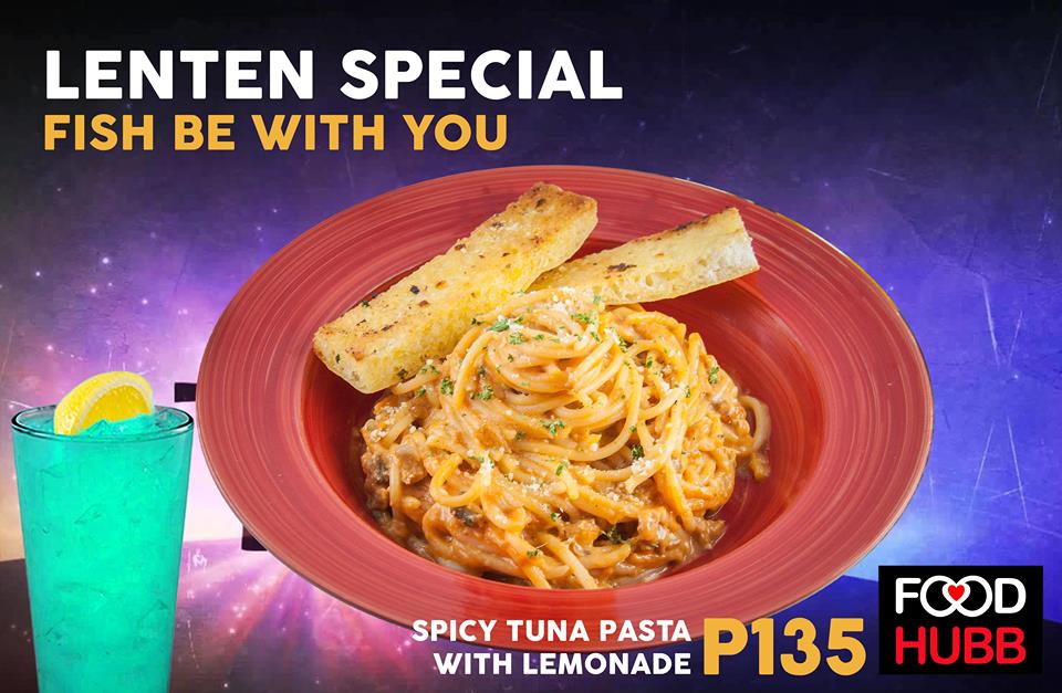 No meat so no guilt!
FoodHubb's Lenten special 😇
Try our SPICY TUNA PASTA 🍝 with pink/blue lemonade 🍹 for only ₱135.
Fish be with you! 🐟

Promo runs from March 23 to 31, 2018.

#LentenSpecial
#FoodHubb