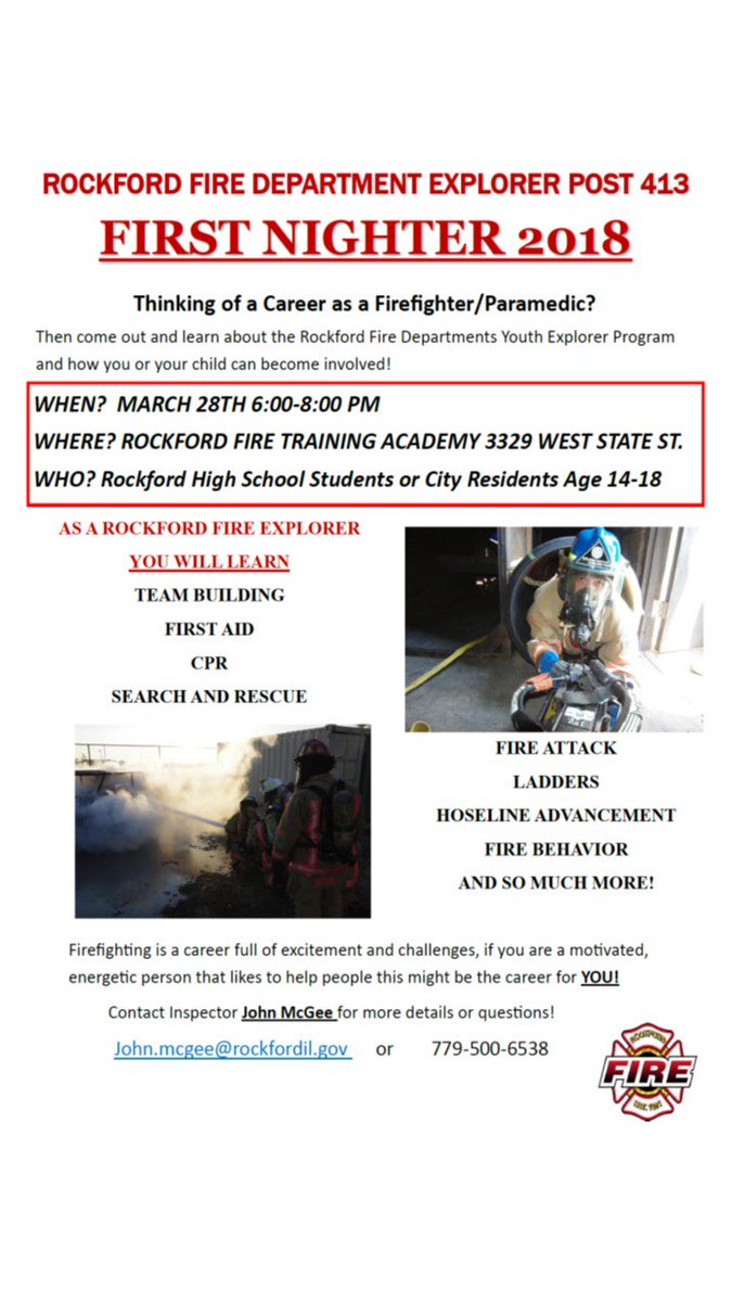RockfordFire's tweet image. The @RockfordFire @ExplorerPost413 is hosting a First Nighter for students interested in joining our Explorer Post.  This is a great opportunity to learn more about careers in Fire and EMS.

Please help spread the word!