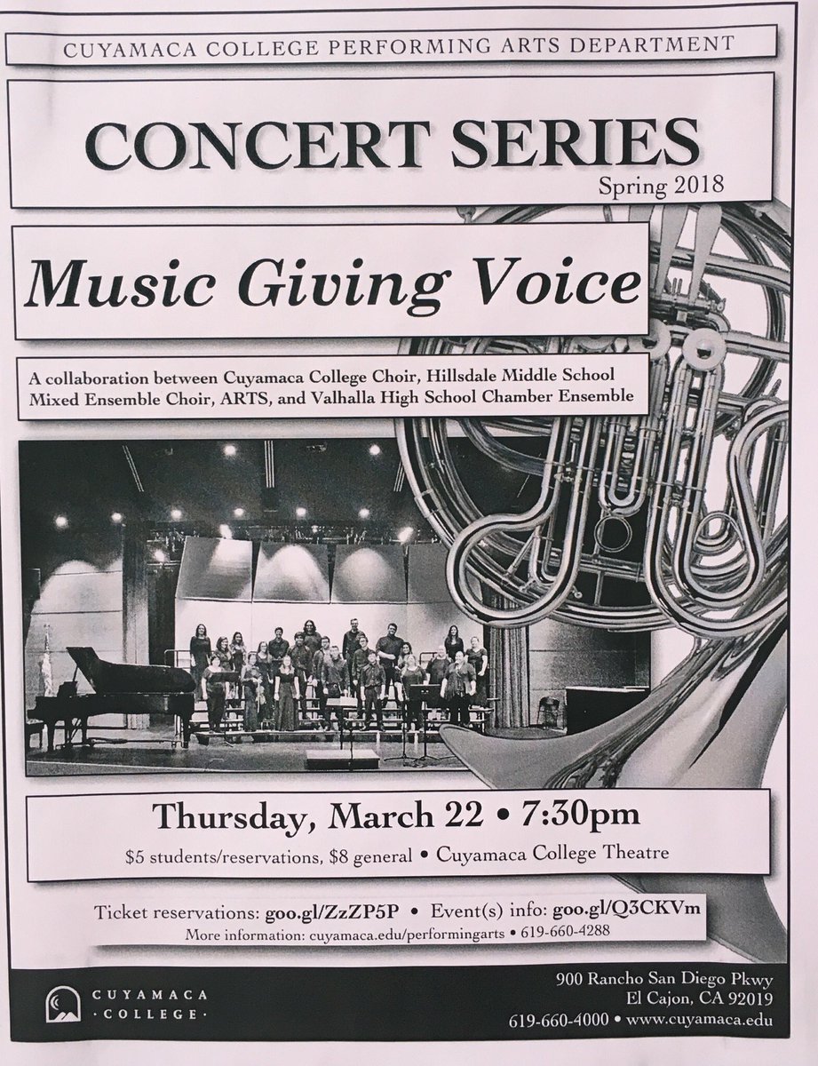 If you have a sudden yearning for live choral music, come over to the Cuyamaca College Theatre TONIGHT and hear your Hillsdale Mixed Ensemble Choir alongside Valhalla High School’s and Cuyamaca College’s choirs. 

Concert at 730P. Tickets available at the door.