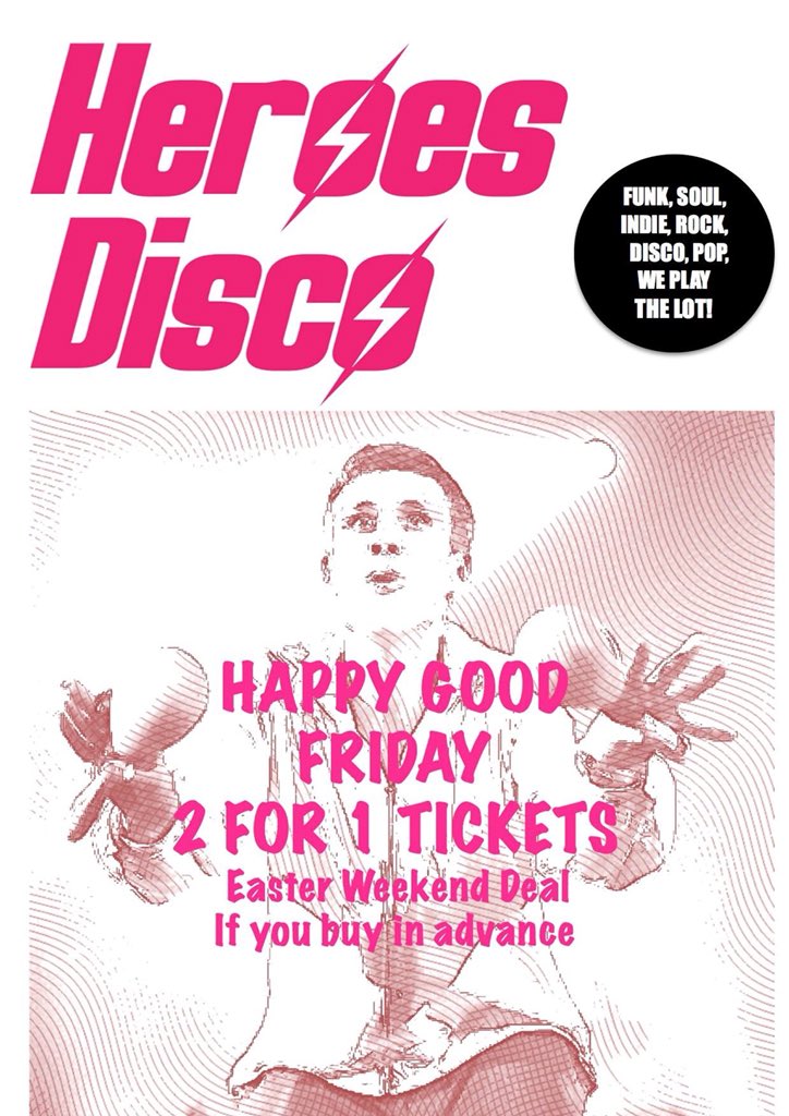 Don’t miss out on 2 for 1 tickets for Good Friday’s Heroes Disco <a href="/BurnageRFC/">Burnage Rugby Club</a> 

Deal is only on advance ticket sales
So get on it
Then get down on it 💃🏾 

#Funk #Soul #Indie #Rock #Disco #Pop &amp; #ManchesterAnthems ♥️🐝

wegottickets.com/event/433839
