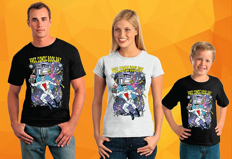 Freecomicbook's tweet image. Get the Free Comic Book Day 2018 Commemorative Artist T-Shirt by Mike Allred (@AllredMD ) now at your local comic shop! ow.ly/im7l30j6Gvs #stopatthecomicshop #44Days #FCBD18