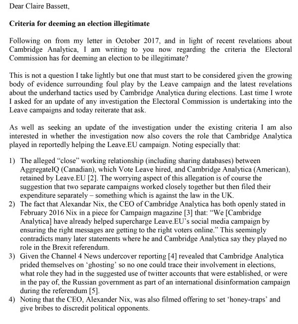 Tom___Scott's tweet photo. .@MollyMEP has written to @ElectoralCommUK to ask a question that must surely be on many people's minds:

Just how dodgy do the methods used to to contest an election - or referendum - need to be before its result is declared illegitimate?
#Brexit #CambridgeAnalytica https://t.co/WEoNGyIQo8