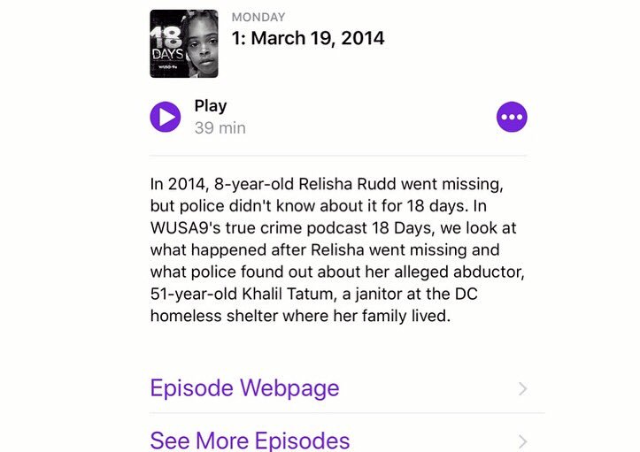 janjeffcoat's tweet photo. Pretty exciting to see my very first podcast pop up in iTunes. So proud of my @wusa9 team & the work that went into producing this true crime mystery “18 Days”. U can subscribe now. #podcasting #18days #truecrime #ncmec #dcmystery #iTunes #relisharudd https://t.co/tl8Z5fqoQJ https://t.co/RCnisaPFrX