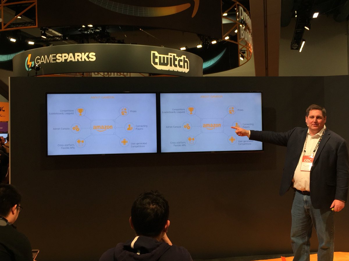 awscloud_jp's tweet photo. GDC18 の Amazonブースでは、今回発表された新サービス"GameOn"についてのミニセッションが行われています。いかに参加者をゲームにエンゲージさせるか?モバイルでのesportsの今後の可能性についても解説されています。
#gamedev #GDC18 #Amazonatgdc https://t.co/bMKY8v8RHb