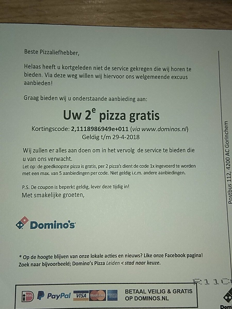 Beste Domino's, ik heb kortgeleden precies de service gekregen die jullie horen te bieden. Daarvoor mijn welgemeende dank. Wel een slimme actie verder.