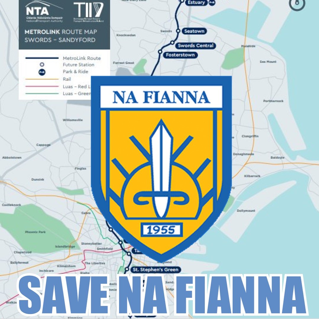 AllIrishSport's tweet photo. We are all Dubs so let's show our support for @clgNaFianna because this is nothing short of disgraceful. The new Metro line will take away Na Fianna's pitches, where 125 teams play and 3,500 people from the community are engaged. This CAN NOT + MUST NOT be allowed. PLEASE RETWEET https://t.co/q1OISYd52O