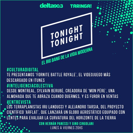 taringa's tweet photo. ¡HOY en #TonightTonight! 🛰️🌍🌕
El programa de Taringa! y @delta903fm, en vivo desde las 20 HS (Arg) por https://t.co/oWAeVINROU            
Participa o deja tus preguntas con el hashtag #TierraPlanaTT😉

También en https://t.co/aBlPMMh3kp https://t.co/PX1BCW9SOD