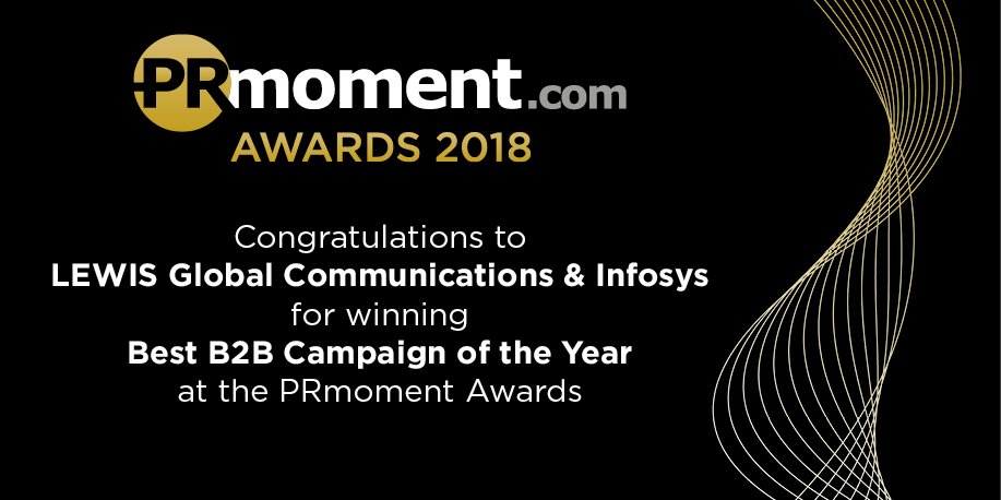 therealprmoment's tweet photo. Well done to the winner of Best B2B Campaign of the Year: @teamlewisglobal &amp; @Infosys for their Ready for the AI Revolution? Campaign #PRmomentAwards https://t.co/gtyYzb4Qy3