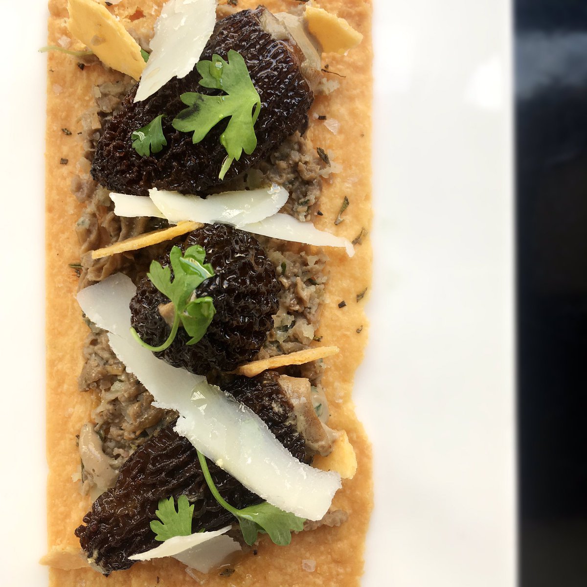 Morel mushrooms stuffed with chicken liver mousse on Parmesan sablee. #thatnewnew #joinus