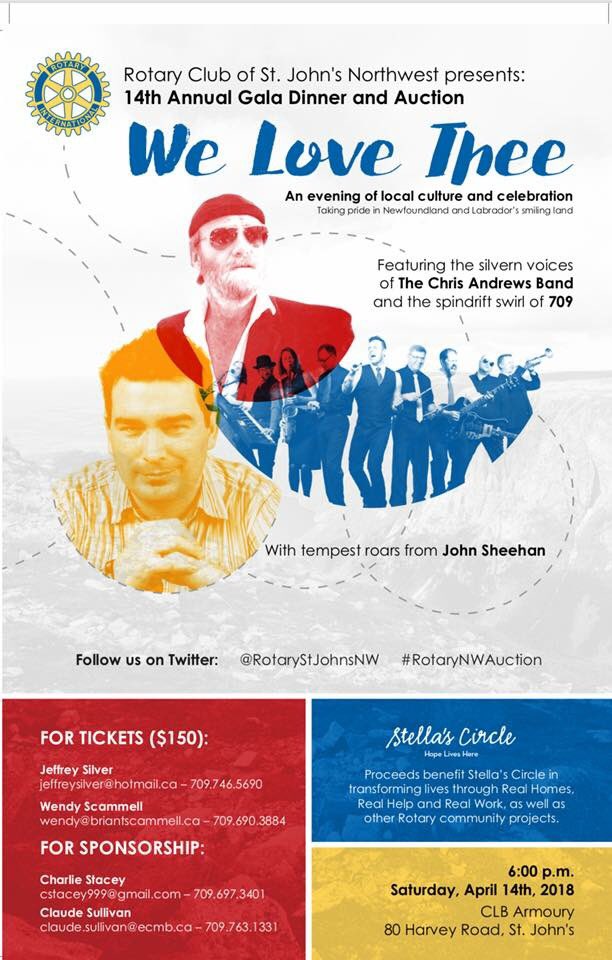 RotaryStJohnsNW's tweet photo. Want to have a fun evening while doing good in the community? #RotaryNWAuction is for you! April 14 is the date! @709rocks @johnsheehan07 @shanneychris will all be there! Funds will be raised for @StellasCircle. You won’t want to miss it! Details and ticket info below. https://t.co/UzhgDXb5OA