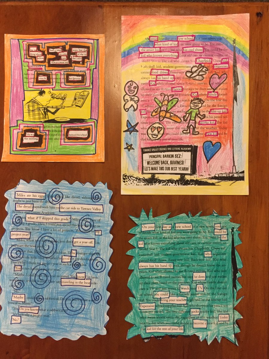 kidswithaview's tweet photo. Last week made Found Poems using pages from The Terrible Two. We made these for #getnzwriting @schoolkitnz @ChapterChatY3_4 #warehousestationery Isaac, Amai, Samuel and Jeffrey https://t.co/qikeWSkoia