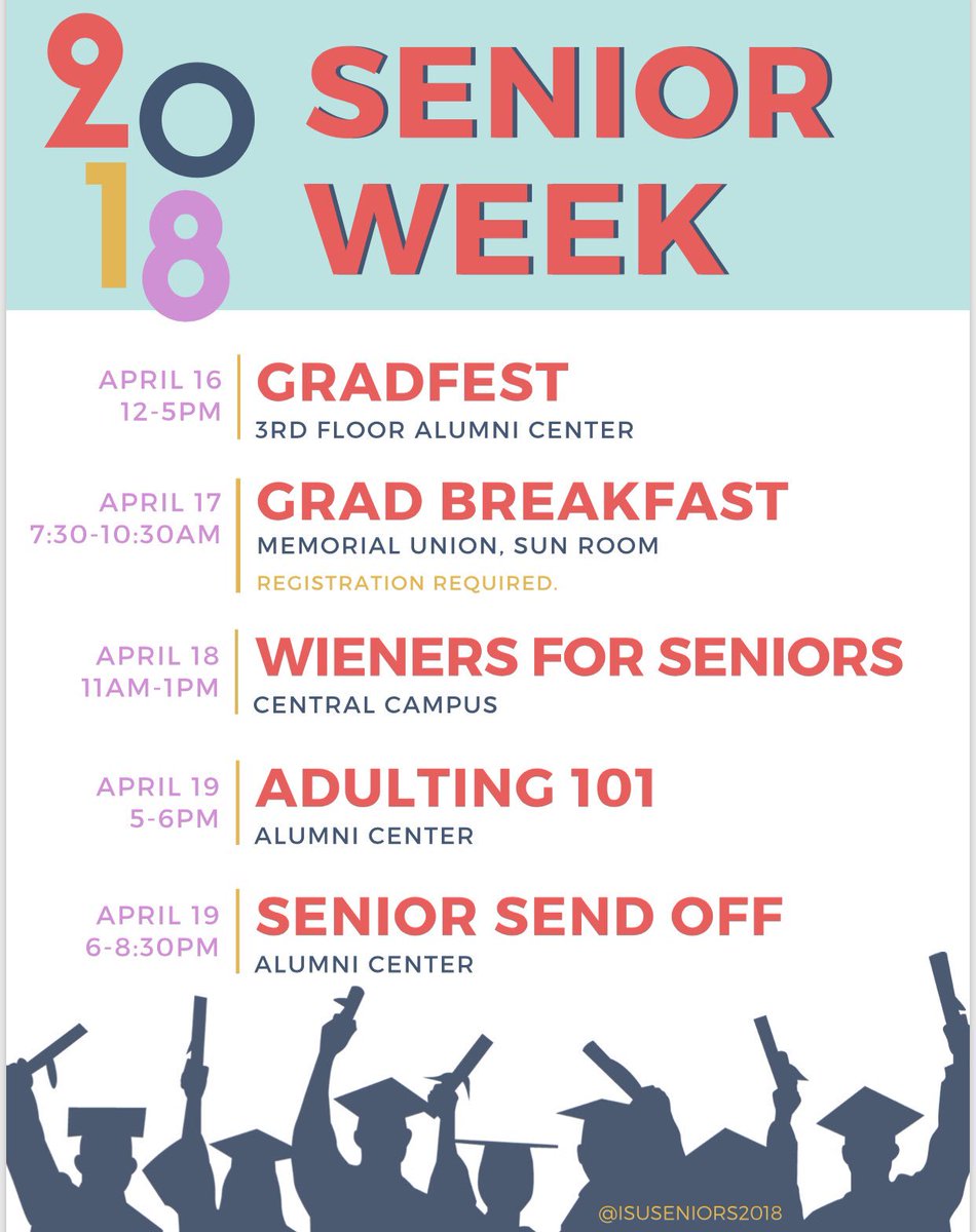 ISUSeniors2019's tweet image. THE COUNDOWN IS ON! 25 days until senior week kicks off with Gradfest at the Alumni Center. Take a look at the events for the Spring 2018 Senior Week!
