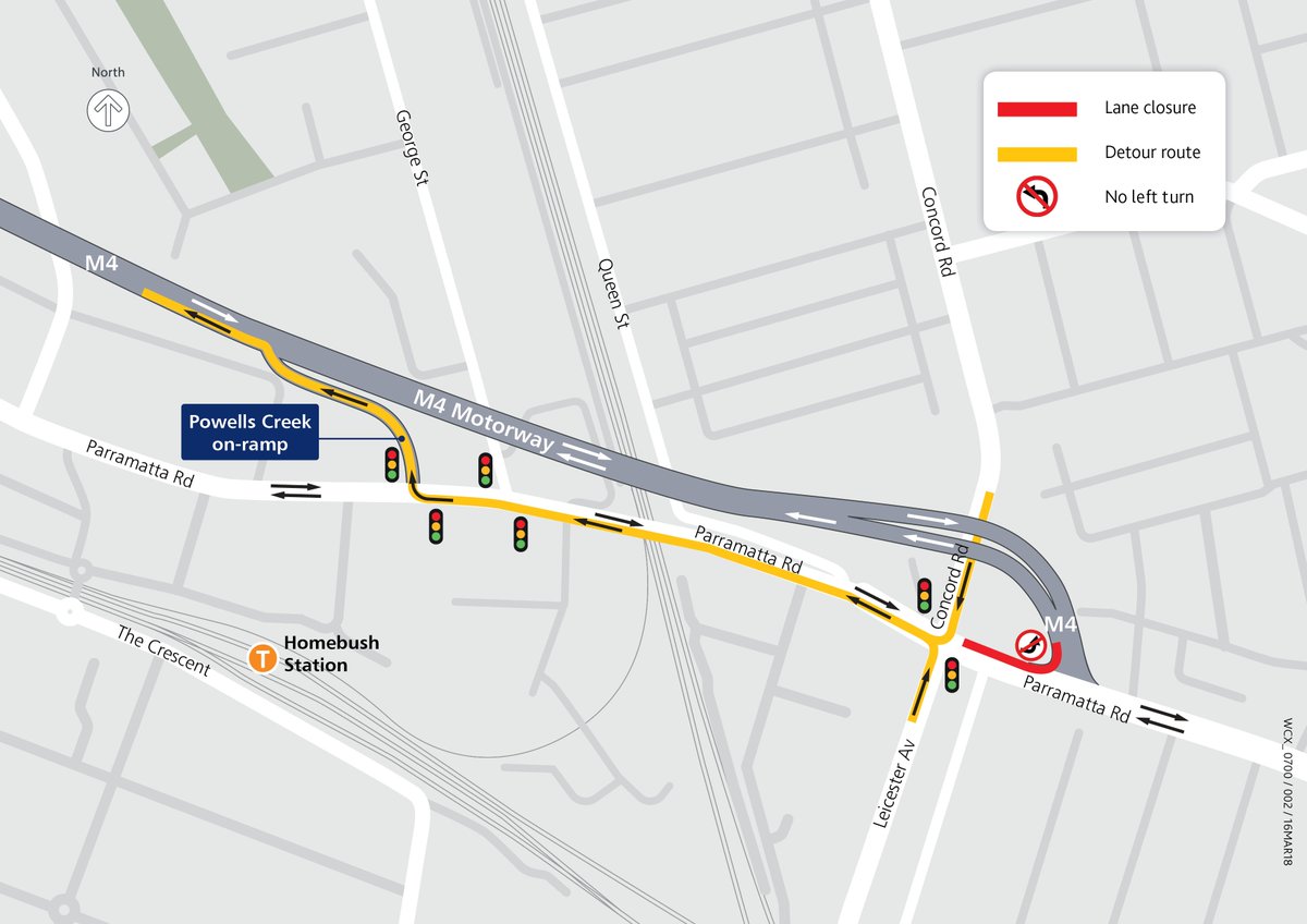LiveTrafficSyd's tweet image. CONCORD: From 11pm, you can no longer turn left from Parramatta Rd eastbound to travel west on the M4 due to @westconnex work: ow.ly/TDmM30j5goI