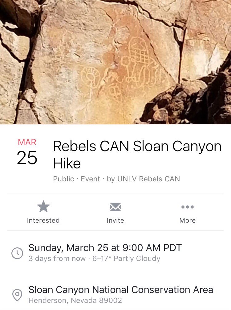 UNLVrebelsCAN's tweet photo. We are hosting a hike at Sloan Canyon this Sunday morning! Come join us, this is the perfect way to start off spring break! #UNLV #RebelsCAN https://t.co/WL0LXS7N0m