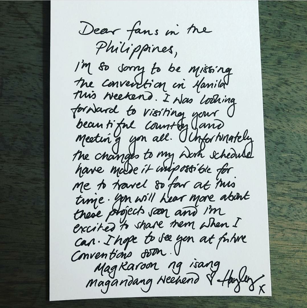 Hayley's statement about missing Comic-Con Asia in Manilla xx